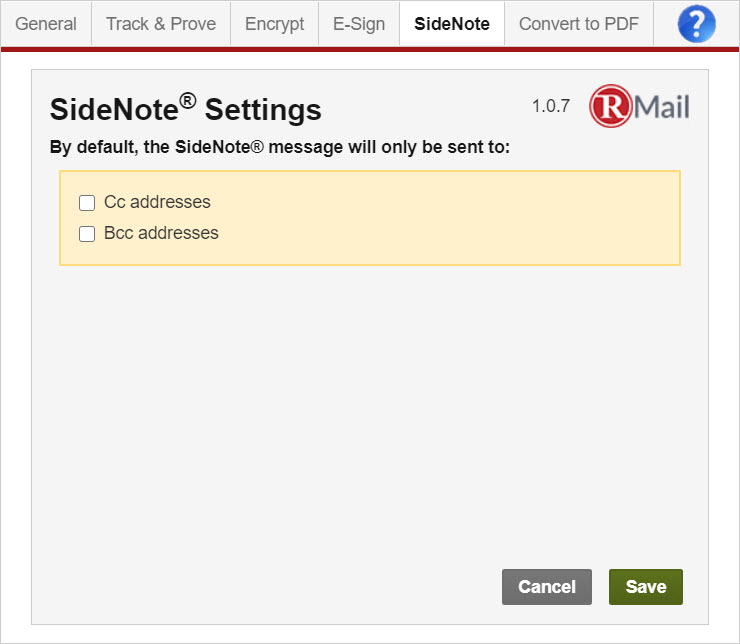 RMail for Gmail - SideNote Settings