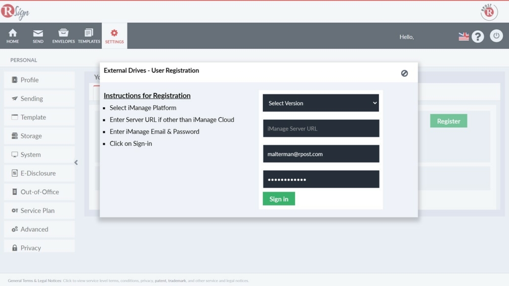 User Registration in RSign With iManage Credential
